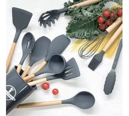 Set Cubiertos Cocina Silicona Madera Menaje Pack X12 Piezas Beige