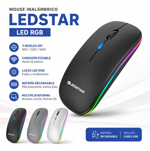 Mouse Inalambrico Bluetooth Led Rgb Recargable 1600 Dpi Aleatorio - 3 Colores