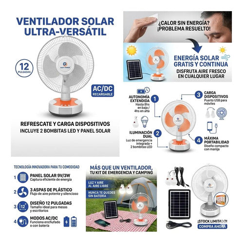 Ventilador Recargable Panel Solar Luces Usb Ios Android 34cm Blanco