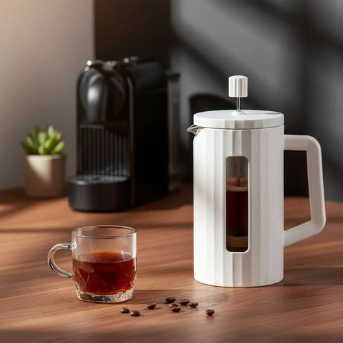 Cafetera Jarra Prensa Francesa Vidrio Acero 600ml Inoxidable Blanco
