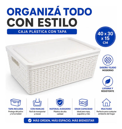 Caja Plastica Contenedor Organizador Tapa 40x30x15cm Blanco
