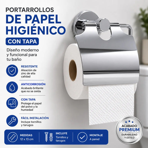 Soporte Portarrollos Baño Tapa Papel Higiénico Pared Plateado