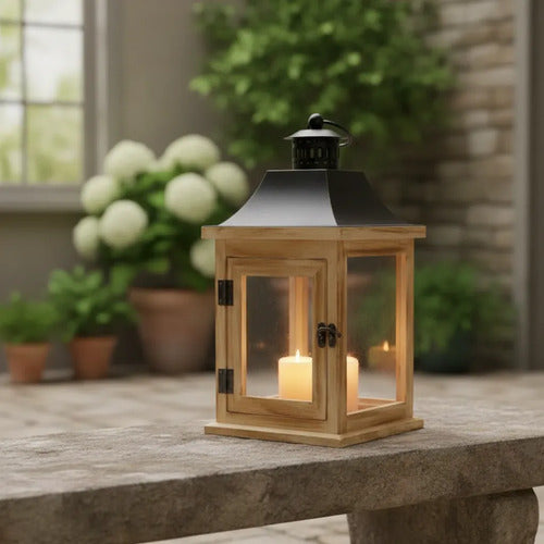 Farol Decorativo Rústico Portavelas Madera Metal 30x15x15cm Madera Natural Con Negro