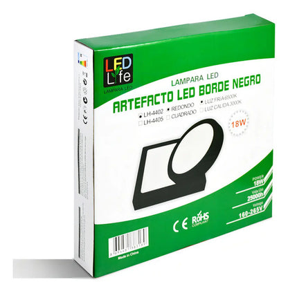 Plafon Led 18w Redondo Luz Fria 6500k De Techo Aro Negro Negro