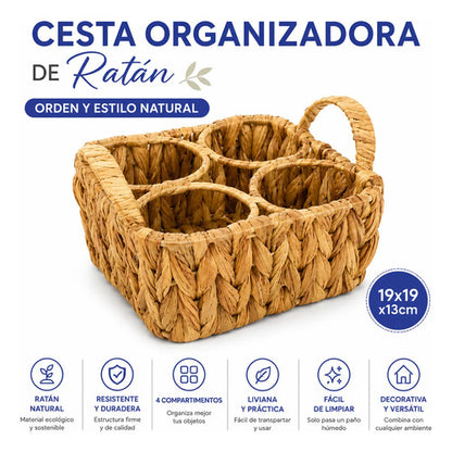 Cesta Canasto Organizador Ratán 4 Compartimentos Trenzado Amarillo