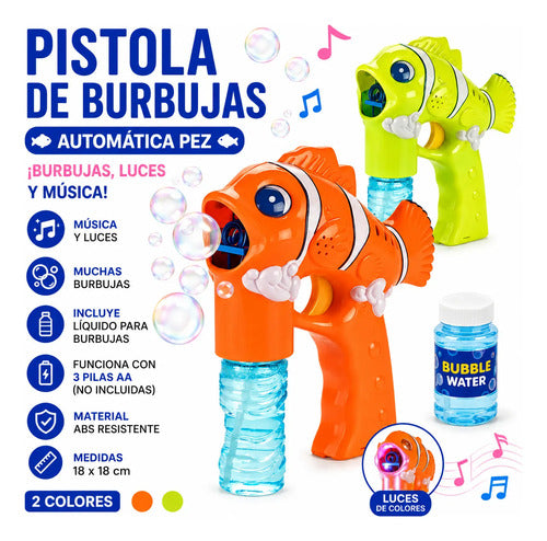 Lanza Burbujas Automático Pez Luces Música Juguete Infantil Naranja