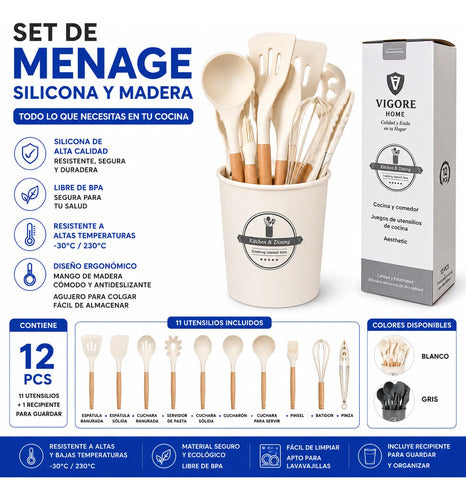 Set Cubiertos Cocina Silicona Madera Menaje Pack X12 Piezas Beige