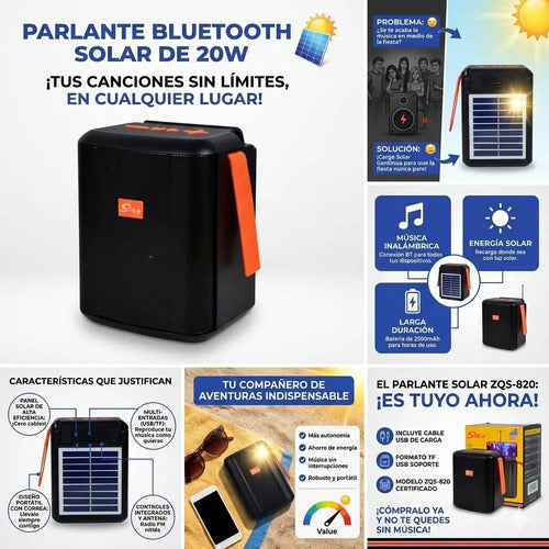 Parlante Bluetooth Portatil Cargador Solar 2500mah Usb Tf Fm Negro