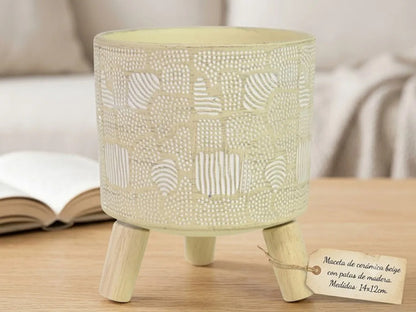 Maceta Decorativa De Ceramica Con Patas De Madera 14x12cm Beige