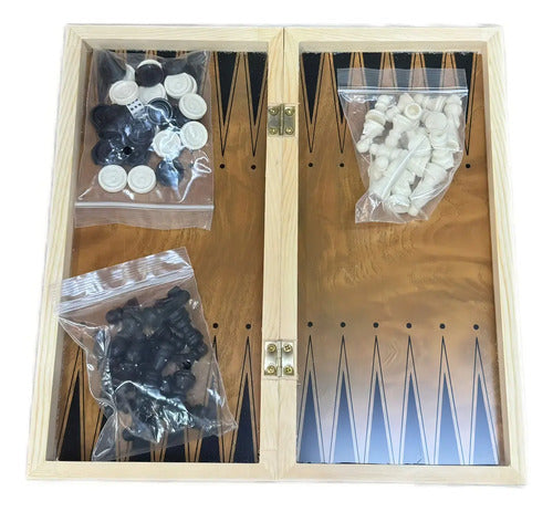 Juego De Mesa 3en1 24cm Ajedrez Damas Backgammon Madera 5002