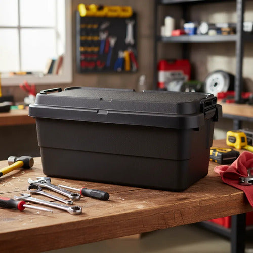 Caja Baul Organizador Herramientas Plastico Tapa Asa 65l Negro