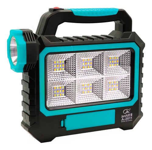Foco Linterna Reflector Led Recargable Panel Solar Portatil Blanco Frío Celeste Con Negro