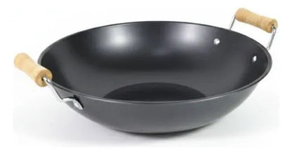 Sartén Wok Acero Carbono Asas Madera Antiadherente 30cm Negro