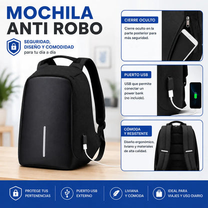 Mochila Antirrobo Usb Cierre Oculto Notebook Seguridad Viaje Gris