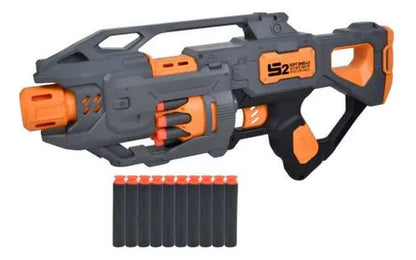 Pistola Lanzadora Espuma 20 Dardos Vibración Pilas 45cm Gris Negro Y Naranja