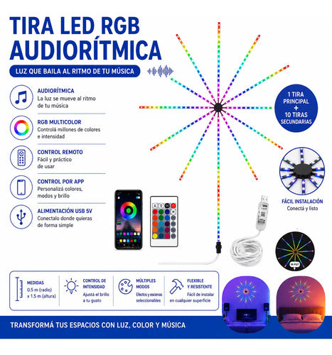 Tira Led Rgb Audiorítmica 11 Barras Control Remoto App Usb Multicolor