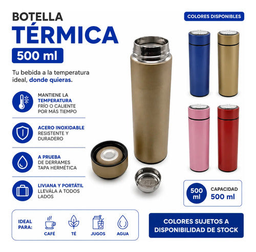 Termo Botella Térmica Acero Inoxidable Tapa 500ml Compacta Dorado