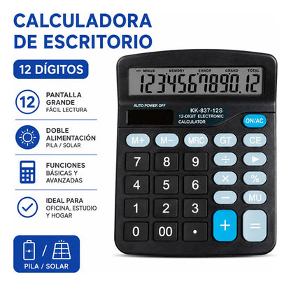 Calculadora Basica Escritorio 12 Digitos Solar Pila Oficina Negro