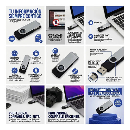 Pendrive Memoria Usb 32gb 3.0 Alta Velocidad Pc Mac Laptop Negro