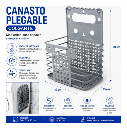 Canasto Plegable Organizador Colgante Multiuso 50cm Plastico Gris