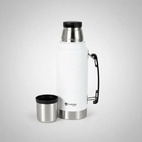 Termo Hermético Inoxidable Asa Plegable 1200ml Doble Pared Blanco