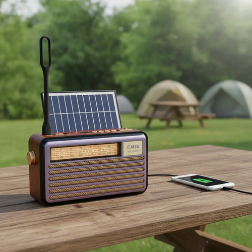 Radio Recargable Panel Solar Retro Am/fm Portatil Bluetooth Marrón