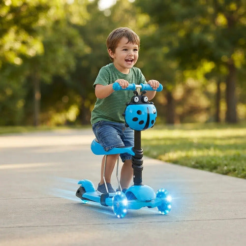 Scooter Infantil 2 En 1 Asiento Ajustable Luz Rueda Tripatín Celeste