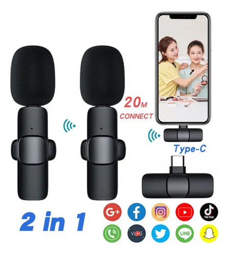 Micrófono Inalámbrico De Solapa Doble Celular Tablet Tipo C Negro