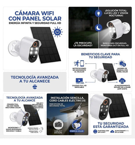 Camara Seguridad Wifi Exterior Panel Solar App Full Hd 1080p Blanco