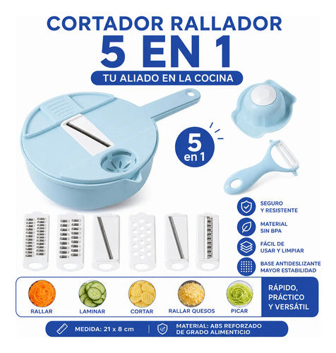 Cortador Rallador Vegetales Queso Multifunción 5 En 1 Manual Celeste