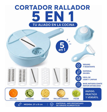 Cortador Rallador Vegetales Queso Multifunción 5 En 1 Manual Celeste
