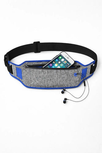 Riñonera Deportiva Porta Celular Ajustable Impermeable Gris Con Azul Liso