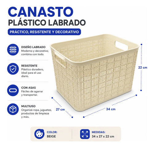 Canasto Plastico Labrado 34x27x22cm Organizador Liviano Beige