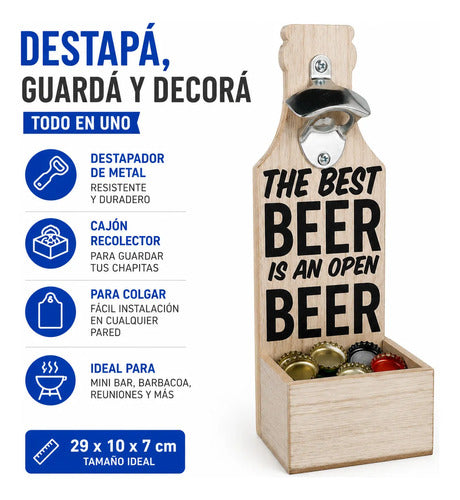 Adorno Destapador Pared Madera Cajón Chapitas Bar 29x10cm Beige