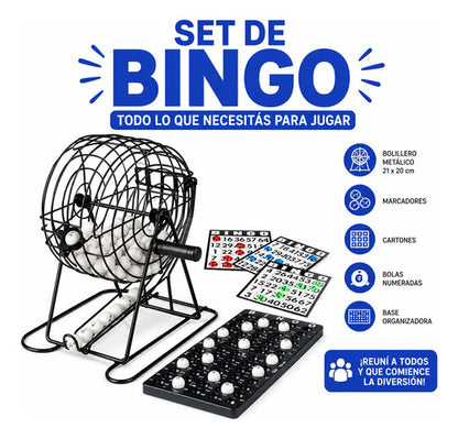 Set Bingo Completo Bolillero Metálico Cartones Marcadores
