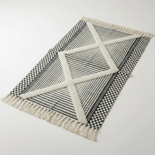 Alfombra Bohemia Algodón Decorativa 60x90 Geométrica Boho 90 Cm 60 Cm Gris