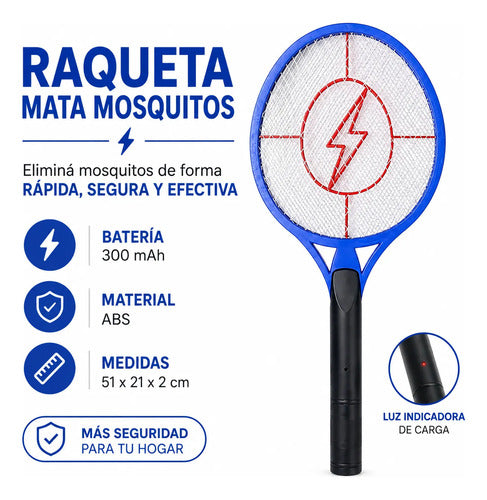 Raqueta Mata Mosquitos Eléctrica Recargable 300mah 51cm Azul