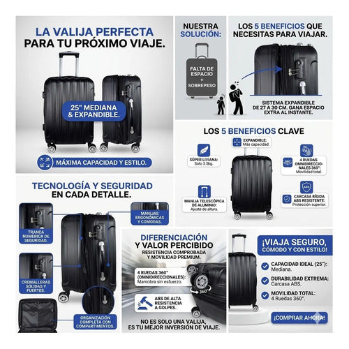 Valija Viaje Mediana Rigida Expandible 4 Ruedas 360 25 PuLG Negro Rayas