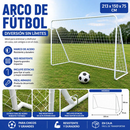 Arco De Fútbol Acero Resistente Red Y Estacas 213x150x75cm Blanco