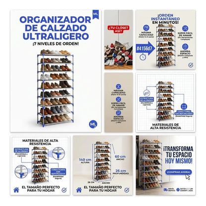 Organizador Estanteria Zapatero 7 Nivel 140x60x26cm Aluminio Gris