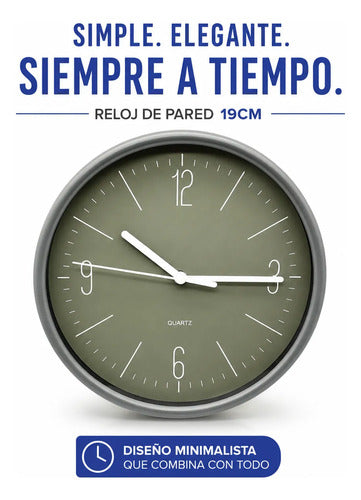 Reloj Decorativo Pared Plástico Redondo Analógico 19cm Gris Verde Claro