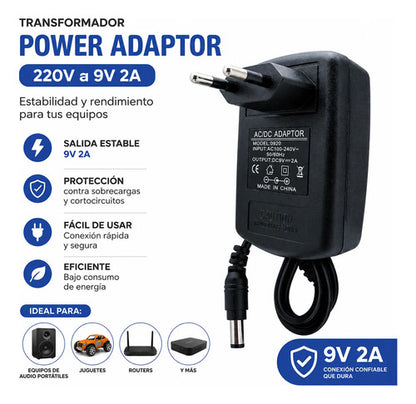 Transformador Fuente Adaptador 9v 2a Audio Led Dc 220v Negro