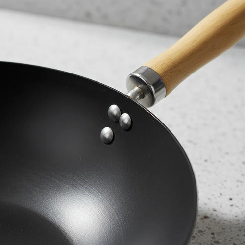 Sartén Wok Antiadherente Mango Madera 30cm Acero Carbono Negro