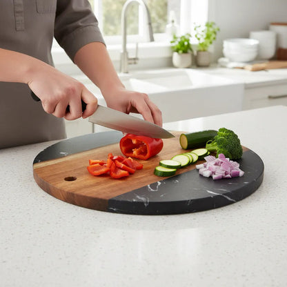 Tabla De Cocina Madera Mármol Picar Servir Redonda 25cm Madera Y Mármol Negro Con Marrón
