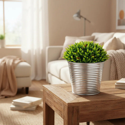 Maceta Metálica Y Planta Artificial Decorativa Hogar Jardin Plateado