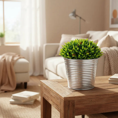 Maceta Metálica Y Planta Artificial Decorativa Hogar Jardin Plateado