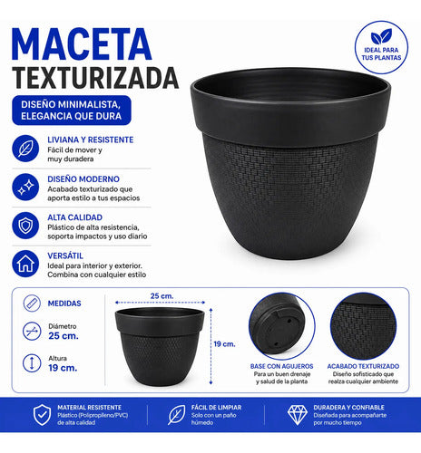 Maceta Decorativa Plástico Reforzado Redonda Texturizada Negro