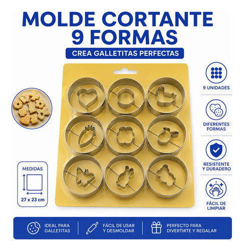 Molde Cortante Galletita Reposteria Set Pack X9 Formas Amarillo