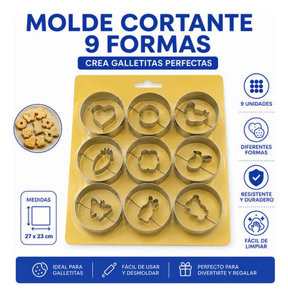 Molde Cortante Galletita Reposteria Set Pack X9 Formas Amarillo