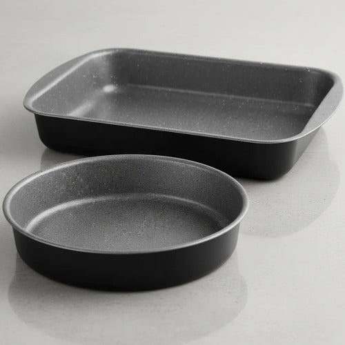 Pack Set Juego Asadera Horno Antiadherentes 2 Piezas Redonda Negro